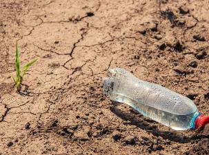 Eine Plastikflasche auf einem vertrockneten Feld