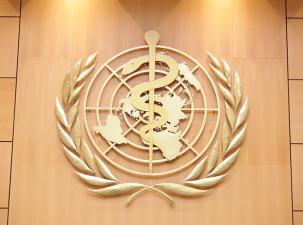 WHO - Logo in Gold auf hellem Holz