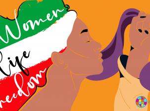 Iranerin mit langem Haar und einem Hijab in der Faust - Das Haar spiegelt die Fahne Irans wieder und den Slogan: Women, Live, Freedom! 