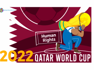 Grafik zur Fu&szlig;ballweltmeisterschaft 2022 in Katar - Vor der Flagge Katars kniet ein an den WM-Pokal geketteter Wanderarbeiter unter dem Gewicht der Troph&auml;e nieder. Er befindet sich auf einem Fu&szlig;ballfeld, in dessen Tor die Worte "Menschenrechte" geschrieben stehen. &Uuml;ber allem schwebt ein gro&szlig;er Fu&szlig;ball.