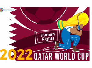Grafik zur Fußballweltmeisterschaft 2022 in Katar - Vor der Flagge Katars kniet ein an den WM-Pokal geketteter Wanderarbeiter unter dem Gewicht der Trophäe nieder. Er befindet sich auf einem Fußballfeld, in dessen Tor die Worte "Menschenrechte" geschrieben stehen. Über allem schwebt ein großer Fußball.