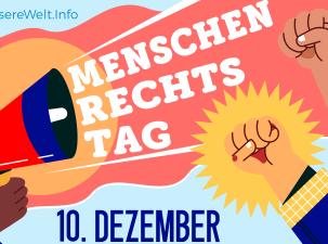Ein Banner mit mehreren F&auml;usten und dem Schriftzug Tag der Menschenrechte am 10.12.