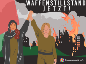 Plakat, das zu einem Waffenstillstand in Gaza aufruft. Unten links halten eine israelische und eine palästinensische Frau gemeinsam die Hände in die Luft. Im Hintergrund ist eine palästinensische Flagge zu sehen und davor die Umrisse von brennenden Gebäuden, aus denen Rauch und Flammen aufsteigen.