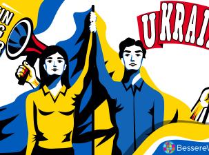 Ein junger Mann in blau und eine junge Frau in gelb halten die ukrainische Fahne hoch. Im Hintergrund ein rotes Banner mit dem Wort Ukraine und ein Megaphon welches fordert: Kein Krieg mehr!