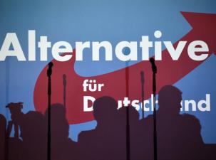 Ein AfD Logo auf eine Wand gebeamert