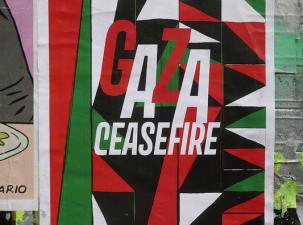 Ein Poster mit der Aufschrift Gaza Ceasefire