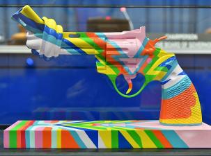 The Non-Violence Sculpture &lsquo;The Knotted Gun&rsquo;, donated by the Permanent Mission of Sweden on the occasion of the Swedish Chairmanship of the IAEA Board of Governors 2019-2020. The Knotted Gun is a vision of World Peace. The original displayed at the United Nations&rsquo; Headquarters in New York. Created by the Swedish artist Carl Fredrik Reutersw&auml;rd; colour pattern by Paul McCartney. IAEA Vienna, Austria. 28 September 2020 