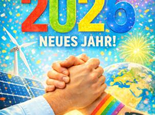 Grafik von Bessere Welt Info - Bunte Neujahrsgr&uuml;&szlig;e f&uuml;r 2026, mit H&auml;nden, die sich halten, &uuml;ber einem Hintergrund mit Solarzellen und Windkraftanlagen. Feuerwerk in der Luft. - Design: Vincent Geischl&auml;ger
