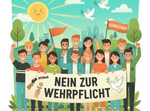 Eine Gruppe Jugendlicher h&auml;lt ein Banner auf dem "Nein zur Wehrpflicht" steht. Links ein zerbrochenes Gewehr und eine Hand, die eine Blume h&auml;lt. Rechts eine wei&szlig;e Taube mit Olivenzweig im Schnabel. Im Hintergrund eine Fahne mit der Aufschrift "Schulstreik" und weitere Friedenstauben. Das Wetter ist sch&ouml;n und die Jugendlichen sind fr&ouml;hlich bei ihrer Demo. - Bildrechte: Bessere Welt Info, CC BY-SA 4.0 (mit Ki erstellt).