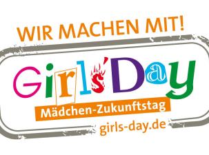 Logo f&uuml;r den Girls' Day mit bunten Buchstaben und dem Slogan "Wir machen mit!" in orangefarbenem Text.
