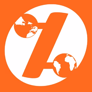 Logo mit einer stilisierten Darstellung eines Buchstabens &bdquo;Z&ldquo; und zwei Globussen auf einem orangefarbenen Hintergrund.