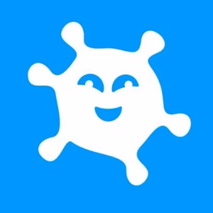 Ein l&auml;chelndes, wei&szlig;es, klecksartiges Maskottchen auf einem blauen Hintergrund.
