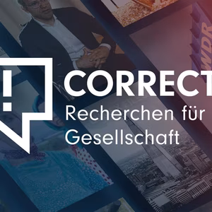 Logo von Correctiv mit dem Text "Recherchen f&uuml;r die Gesellschaft", vor einem farbigen Hintergrund mit verschiedenen Bildern.