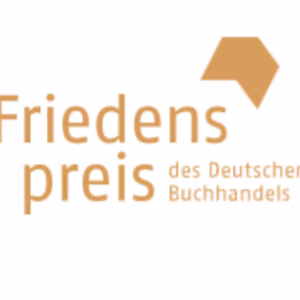 Logo des Friedenspreises des Deutschen Buchhandels, in brauner Schrift auf hellem Hintergrund, mit einem stilisierten, geometrischen Symbol.