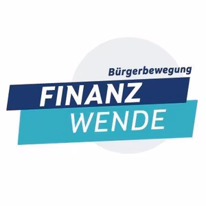 Logo der B&uuml;rgerbewegung "Finanzwende", blau und t&uuml;rkis mit modernem Schriftzug auf hellem Hintergrund.