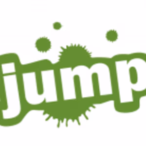 Gr&uuml;ner, verspielter Schriftzug "jump" mit Farbspritzern im Hintergrund.