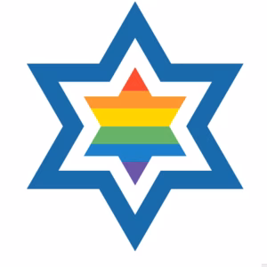 Ein sechszackiger Stern in Blau, umgeben von einem geometrischen Muster, mit Regenbogenfarben in der Mitte.