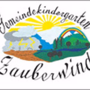 Logo f&uuml;r den Gemeindekindergarten "Zauberwind" mit bunten Illustrationen von Landschaften, Sonne und Regenbogen.