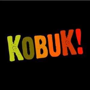 Bunte, grob gestaltete Schrift auf schwarzem Hintergrund: "KOBUK!" in Gr&uuml;n, Gelb und Orange.