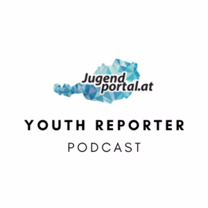 Logo des Jugendportal.at Podcasts mit einer stilisierten Karte &Ouml;sterreichs und dem Schriftzug "Youth Reporter Podcast".