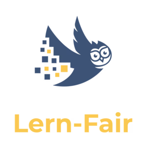 Logo von Lern-Fair mit einer stilisierten blauen Katze und gelb geschriebener Schrift.