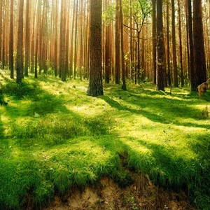 Ein sonnendurchfluteter Wald mit vielen B&auml;umen und saftigem gr&uuml;nem Waldboden..
