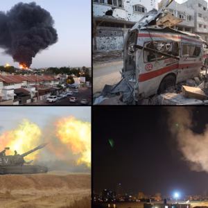 Eine Collage aus Aufnahmen von Auseinandersetzung in Israel mit Luftangriffen und zerst&ouml;rten H&auml;usern