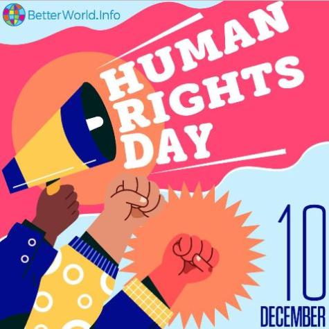 Mehrere F&auml;uste sind gestreckt, unter dem Schriftzug "Tag der Menschenrechte"