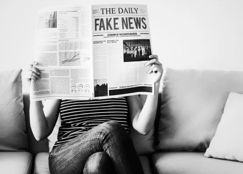 Eine Frau mit einer Zeitung auf der "Fake News" steht