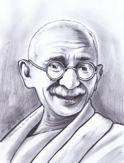 Schwarz-wei&szlig;e Skizze eines l&auml;chelnden Mahatma Gandhi mit seiner charakteristischen runden Brille