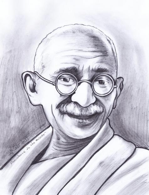Schwarz-weiße Skizze eines lächelnden Mahatma Gandhi mit seiner charakteristischen runden Brille