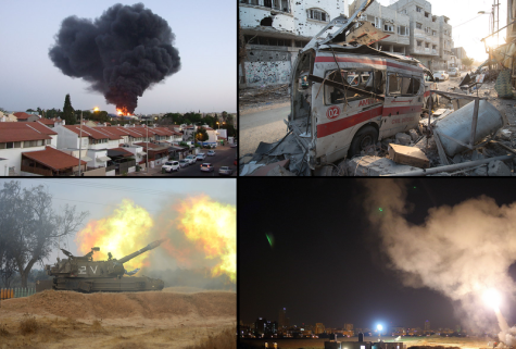 Eine Collage aus Aufnahmen von Auseinandersetzung in Israel mit Luftangriffen und zerstörten Häusern