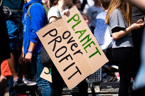 Bild von einer Demonstration für mehr Nachhaltigkeit in der Wirtschaft. Auf einem Plakat steht der Slogan "Planet over Profit".