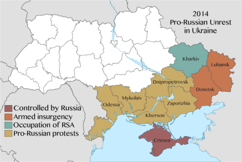 Eine Karte der Ukraine zeigt die pro-russischen Proteste und Unruhen im Osten und Süden der Ukraine im Jahr 2014. Jede Region ist in einer anderen Farbe dargestellt, um zu zeigen, welche Gebiete von Russland kontrolliert wurden und in welchen Gebieten es einen bewaffneten Aufstand gab.