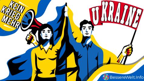 Ein junger Mann in blau und eine junge Frau in gelb halten die ukrainische Fahne hoch. Im Hintergrund ein rotes Banner mit dem Wort Ukraine und ein Megaphon welches fordert: Kein Krieg mehr!