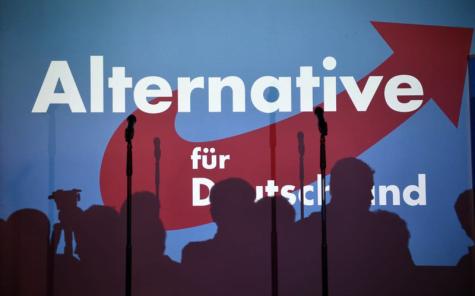 Ein AfD Logo auf eine Wand gebeamert