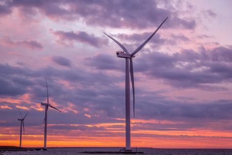 Mehrere Windräder vor einem Sonnenuntergang