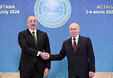 Pr&auml;sident von Aserbaidschan Ilham Aliyev trifft sich mit dem Pr&auml;sidenten Russlands Wladimir Putin in Astana vor der WM 2024
