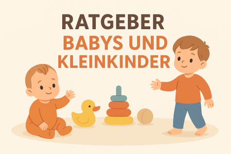 Zwei kleine Kinder spielen auf dem Boden, umgeben von Spielzeug. Ein Junge mit braunen Haaren steht und lächelt, während ein anderer Junge sitzt.