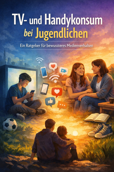 Ein Jugendlicher sitzt mit Smartphone, w&auml;hrend zwei Freunde auf einer Bank miteinander sprechen. Hintergrund mit IT-Symbolen und einem Fu&szlig;ball.