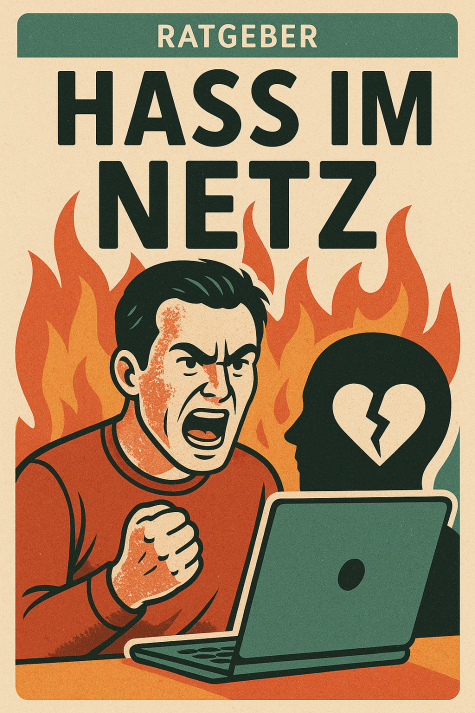 Mann vor Laptop schreit, im Hintergrund Feuer