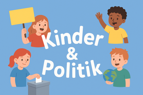 Vier Kinder interagieren: eines hält ein Schild, eines wählt, eines zeigt eine Weltkugel, während das letzte enthusiastisch winkt.