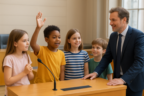 Vier Kinder stehen an einem Zeugenstand in einem Gerichtssaal und sprechen mit einem lächelnden Erwachsenem.