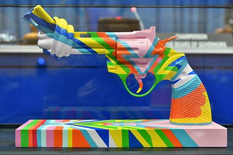 The Non-Violence Sculpture &lsquo;The Knotted Gun&rsquo;, donated by the Permanent Mission of Sweden on the occasion of the Swedish Chairmanship of the IAEA Board of Governors 2019-2020. The Knotted Gun is a vision of World Peace. The original displayed at the United Nations&rsquo; Headquarters in New York. Created by the Swedish artist Carl Fredrik Reutersw&auml;rd; colour pattern by Paul McCartney. IAEA Vienna, Austria. 28 September 2020 