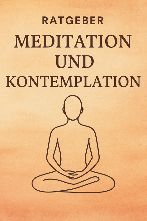 Titel in großen Buchstaben: "RATGEBER MEDITATION UND KONTEMPLATION", mit einer einfachen, stilisierten Figur in Meditationspose. Hintergrund in sanftem Orange.