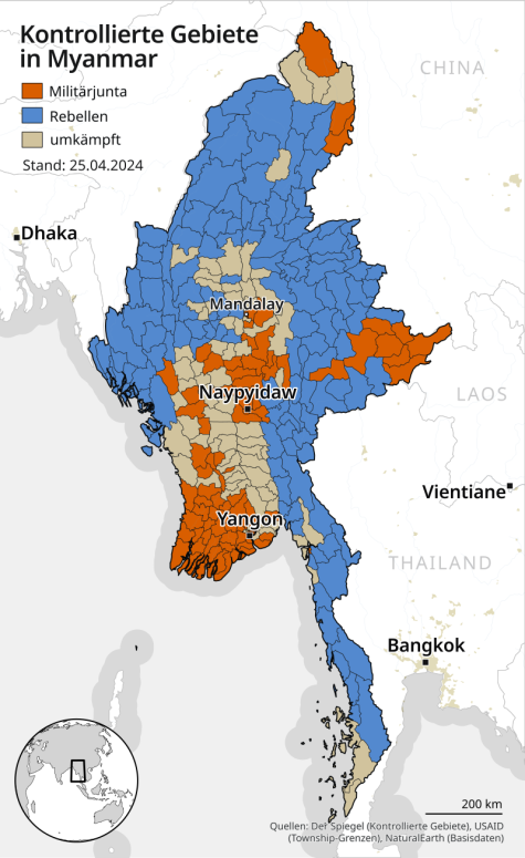 Eine Karte von Myanmar und den umk&auml;mpften Gebieten