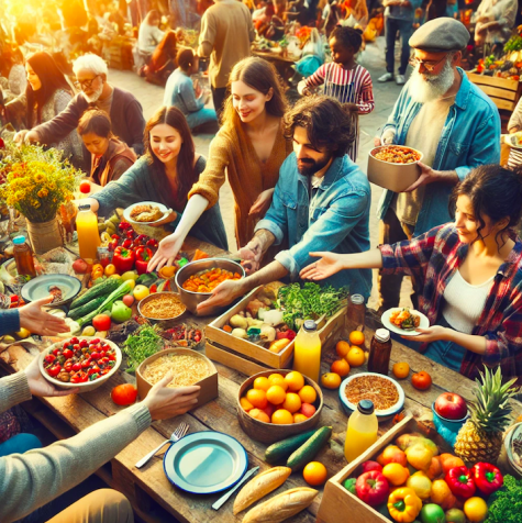 Menschen stehen gemeinsam um Tisch mit Lebensmitteln 