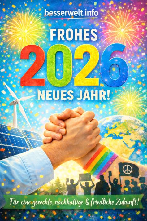 Grafik von Bessere Welt Info - Bunte Neujahrsgr&uuml;&szlig;e f&uuml;r 2026, mit H&auml;nden, die sich halten, &uuml;ber einem Hintergrund mit Solarzellen und Windkraftanlagen. Feuerwerk in der Luft. - Design: Vincent Geischl&auml;ger