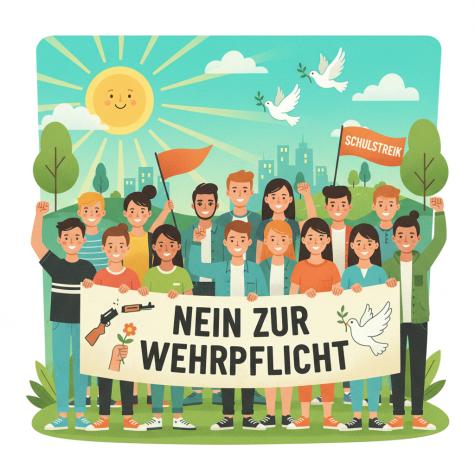 Eine Gruppe Jugendlicher hält ein Banner auf dem "Nein zur Wehrpflicht" steht. Links ein zerbrochenes Gewehr und eine Hand, die eine Blume hält. Rechts eine weiße Taube mit Olivenzweig im Schnabel. Im Hintergrund eine Fahne mit der Aufschrift "Schulstreik" und weitere Friedenstauben. Das Wetter ist schön und die Jugendlichen sind fröhlich bei ihrer Demo. - Bildrechte: Bessere Welt Info, CC BY-SA 4.0 (mit Ki erstellt).