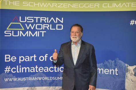 Arnold Schwarzenegger at the Kitzbuehel Charity Dinner 2025, advertising the Austrian World Summit 2025